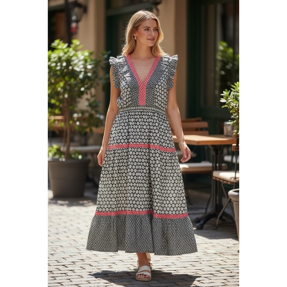 Nautica Jeans Women's Navy Red Ikat Print Ruffle Tiered Midi Dress L